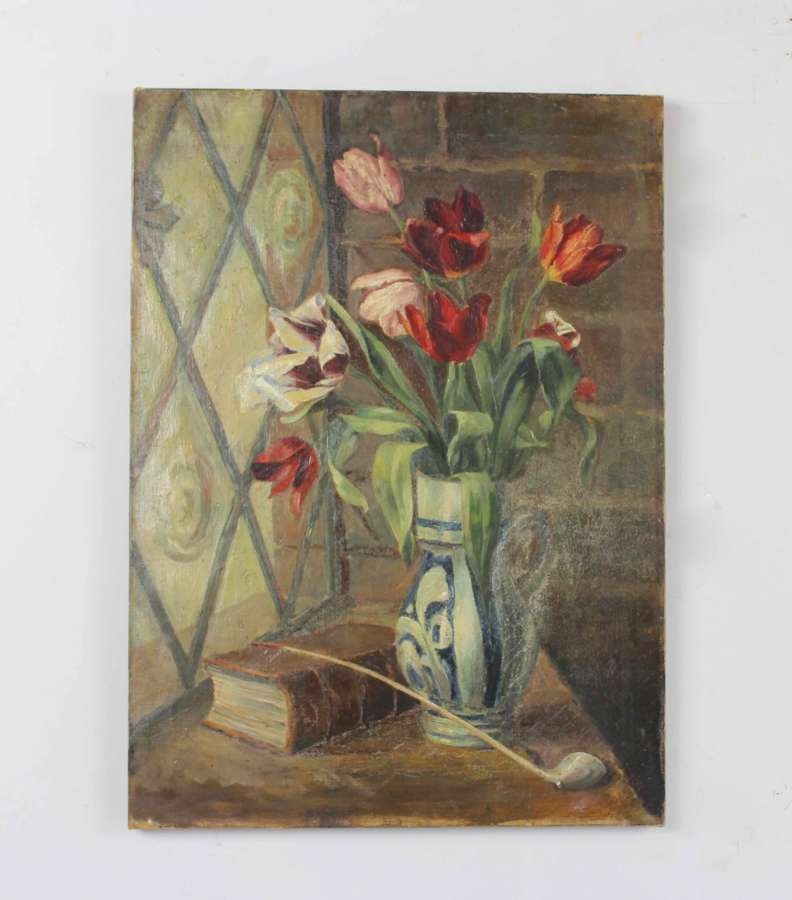 Oil on canvas - tulips in a vase