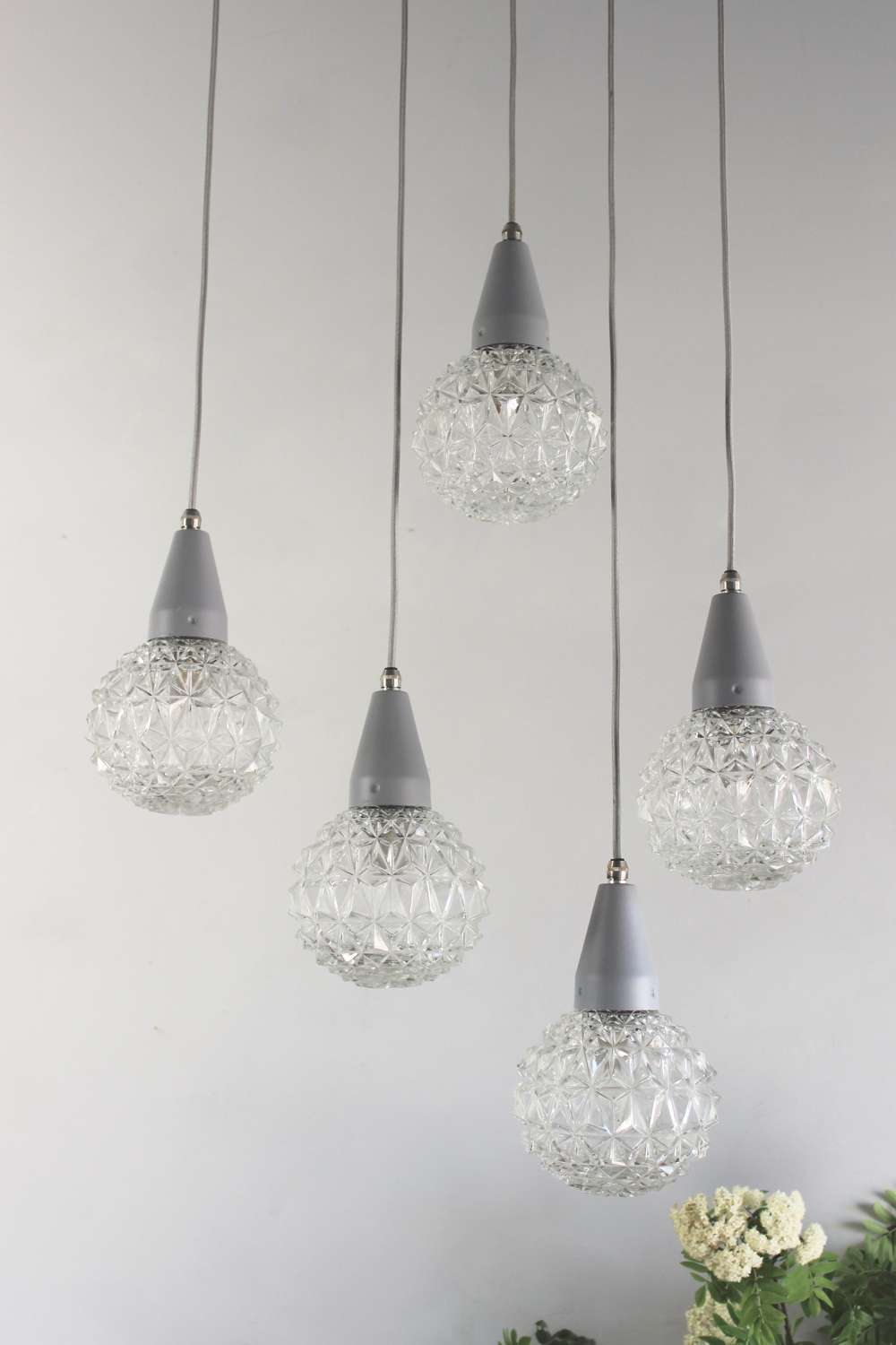 Set of  5 pressed glass industrial  hanging lights