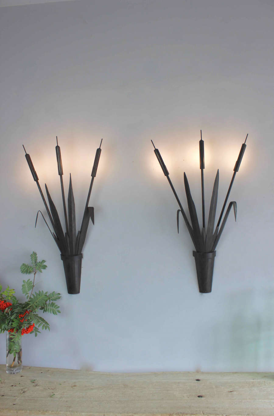 Large scale pair of forged iron bullrush Sconces