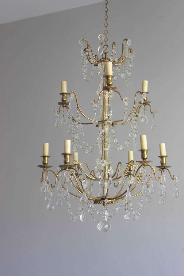Traditional gilded brass framed cut glass two tier antique chandelier