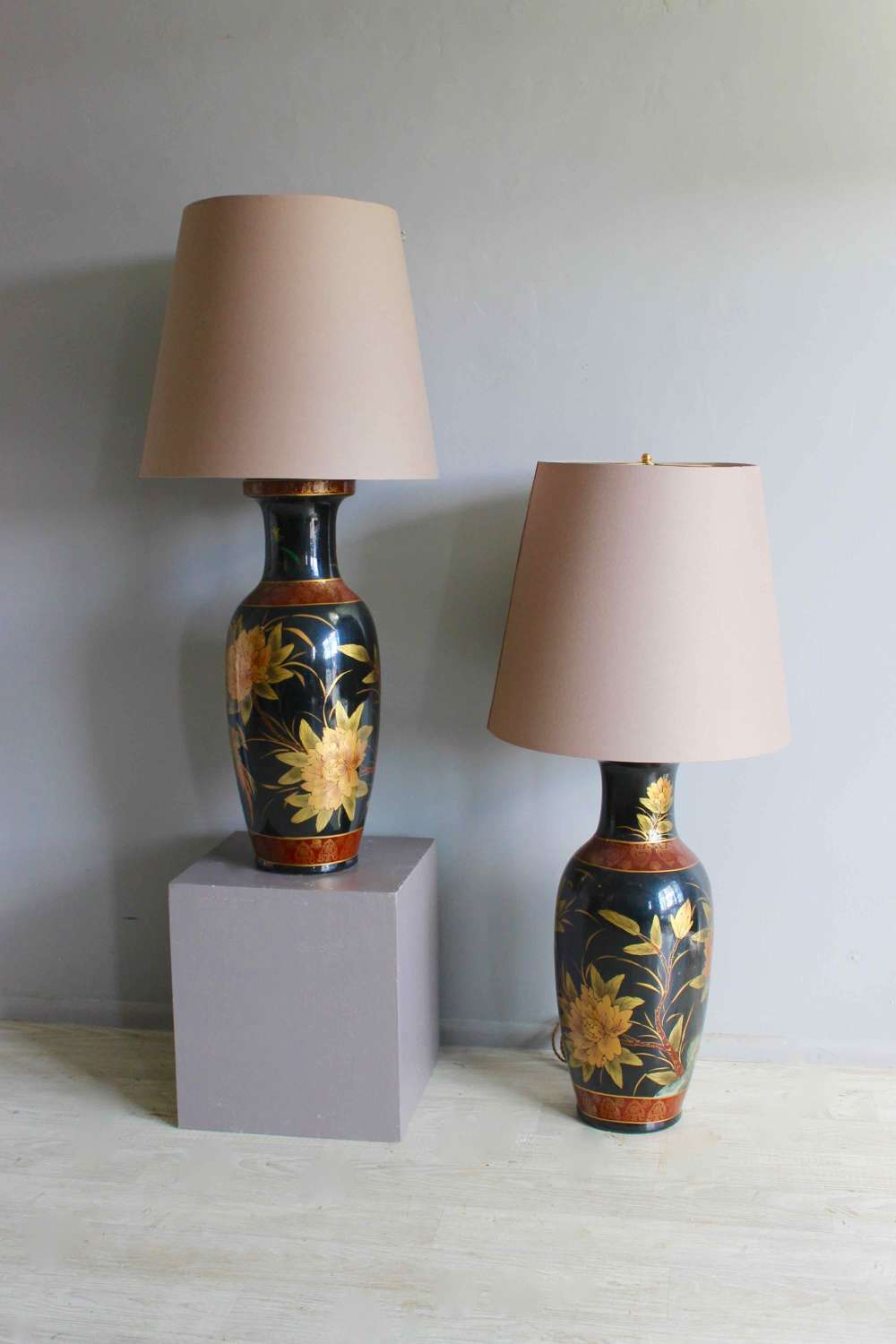 Pair of large scale Chinese export table lamps & custom shades