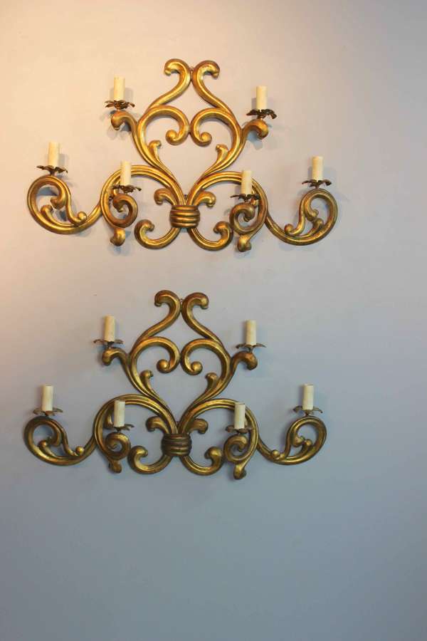 Substantial pair of gilded metal  six branch wall lights