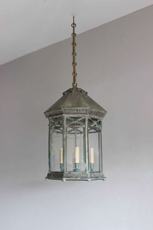 English 19th C copper and bronze verdigris outside / inside lantern