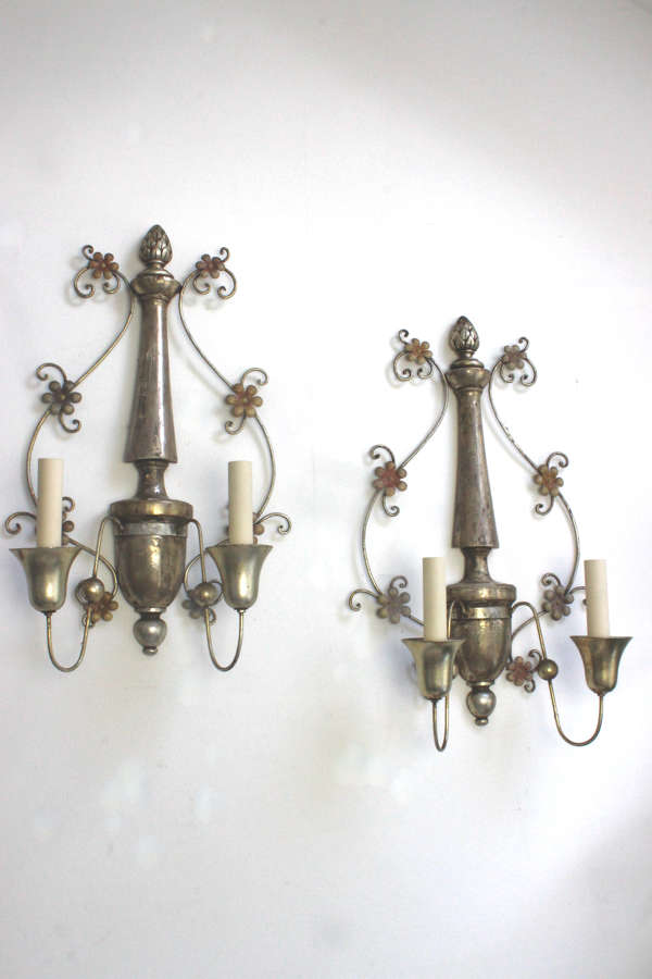 Pair of Italian  Silver / Giltwood  twin branch sconces