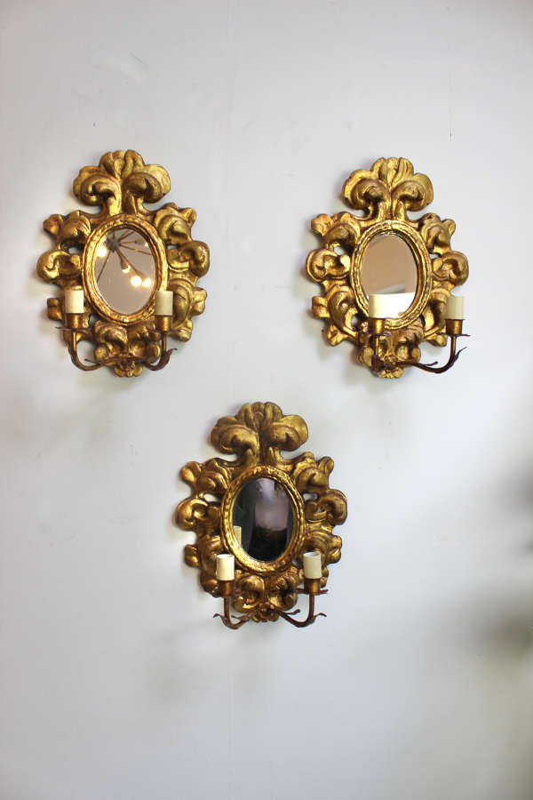 Set of 3 early 20th C Italian giltwood mirror sconces