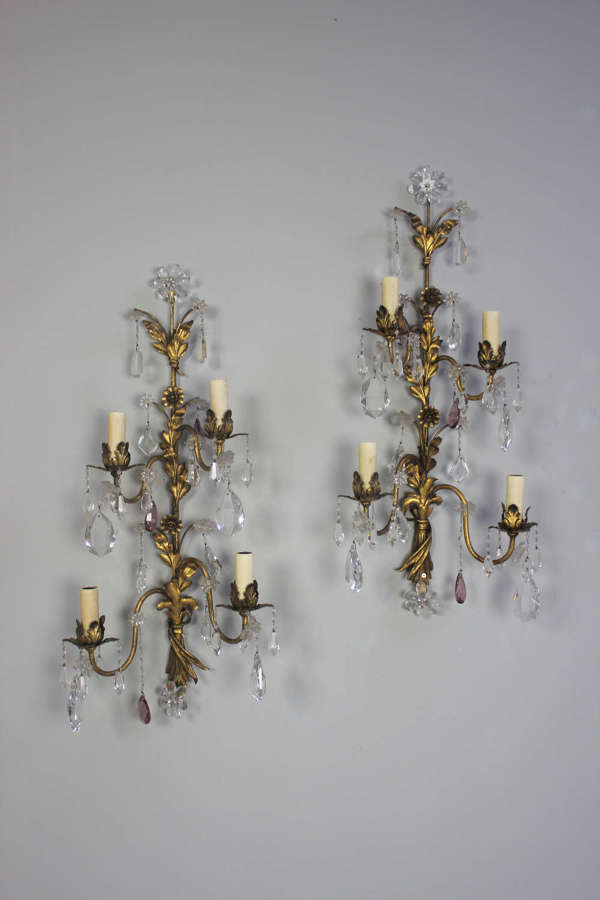 Pair gilt metal and cut glass flat to the wall sconces