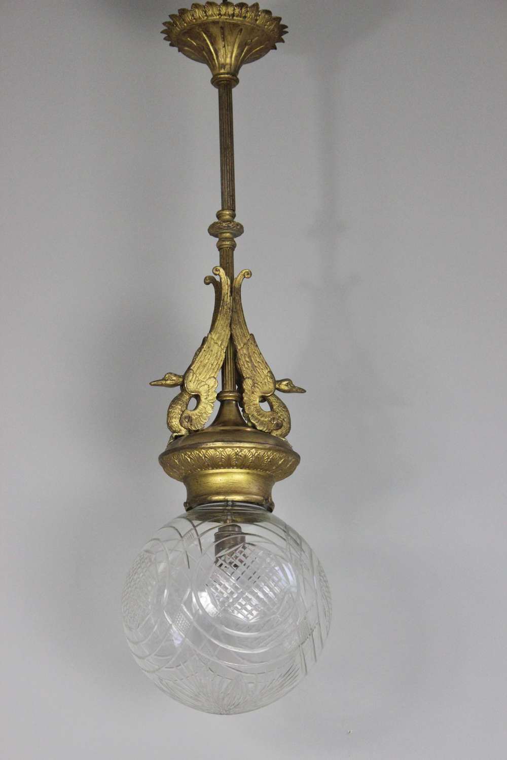 Italian swan motif gilded brass and cut glass hall lantern