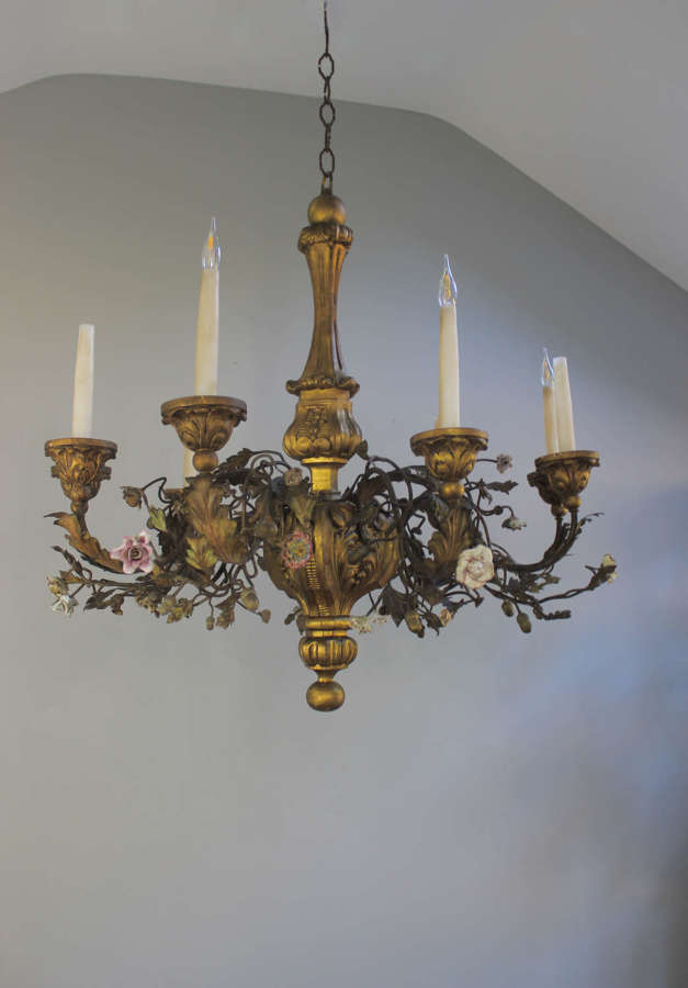 Italian giltwood 19th C antique chandelier with ceramic flowers